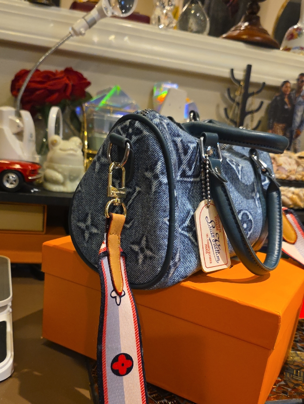 Denim Monogram Crossbody Bag with Removable Strap in Blue